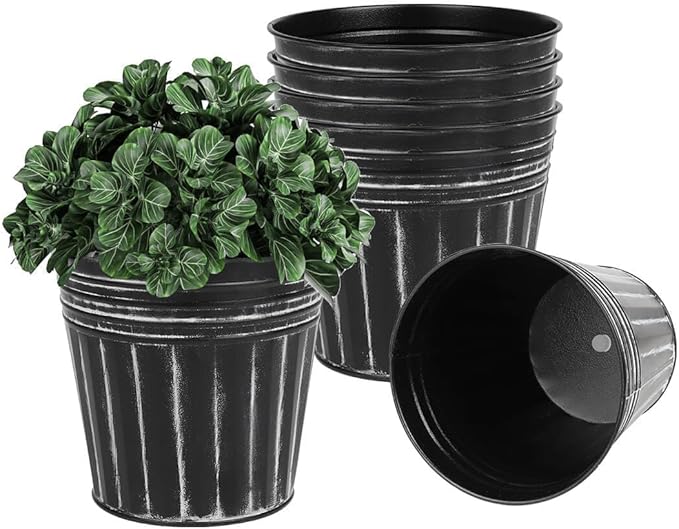 vensovo 5 Inch Black Metal Rustic Flower Pots - 6Pcs Medium Galvanized Planters with Drainage Hole and Rubber Plug, Rustproof Metal Bucket Plant Pots Farmhouse Vintage Style for Decor
