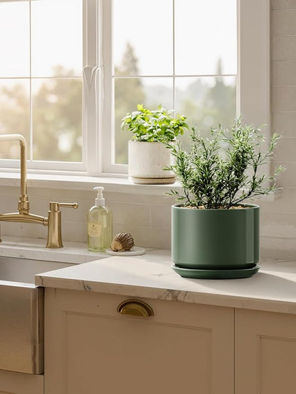 LE TAUCI Ceramic Pots for Plants, 6.8 Inch Plant Pots with Drainage Hole & Saucer, Modern Planter for Indoor Plants, Stable & Durable, Perfect for Living Room or Office Decor, Forest Green
