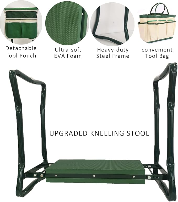 Garden Kneeler and Seat Heavy Duty - Foldable Kneeling Stool with Large Tool Pouch & Storage Bag, Space-Saving, Ideal Gift for Gardeners, Seniors & Parents