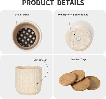 TAMAYKIM 4 Inch Ceramic Plant Pots with Drainage Holes, Modern Vertical Pattern Flower Planter with Saucer for Indoor Plants, Succulent, Cactus & Herbs, Beige, Set of 4 (Plants Not Included)