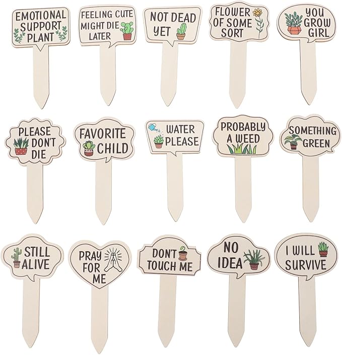 HANABASS 15 Pcs Plant Signs Labels Decorative Plant Stakes Wooden Tags Waterproof Garden Markers with Interesting Words&Pettern for Succulent, Greenery, Flower