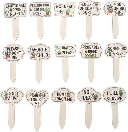 HANABASS 15 Pcs Plant Signs Labels Decorative Plant Stakes Wooden Tags Waterproof Garden Markers with Interesting Words&Pettern for Succulent, Greenery, Flower