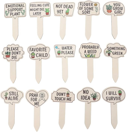 HANABASS 15 Pcs Plant Signs Labels Decorative Plant Stakes Wooden Tags Waterproof Garden Markers with Interesting Words&Pettern for Succulent, Greenery, Flower