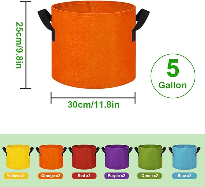 5 Gallon Grow Bags, 12 Pack Multicolor Fabric Plant Pot Bag with Handles Plant Grow Bags for Flowers, Fruits and Vegetables ﻿(Blue+Green+Yellow+Orange+Red+Purple)