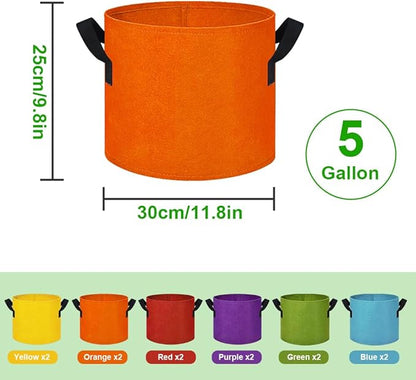 5 Gallon Grow Bags, 12 Pack Multicolor Fabric Plant Pot Bag with Handles Plant Grow Bags for Flowers, Fruits and Vegetables ﻿(Blue+Green+Yellow+Orange+Red+Purple)