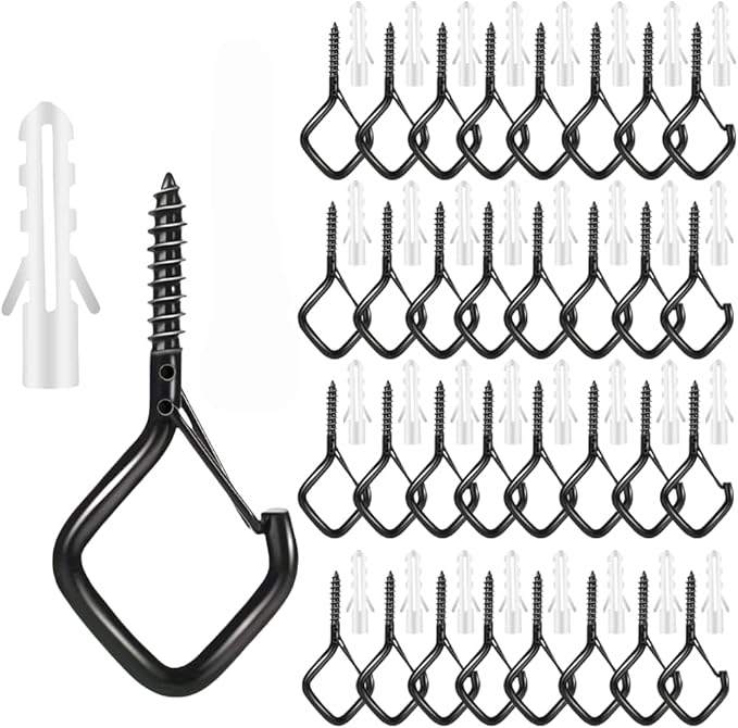 12-Pack Heavy-Duty Black Screw Eye Hooks with Safety Clips | Metal Ceiling Hooks for Hanging Plants, Wind Chimes, Bird Feeders & Indoor/Outdoor Lights