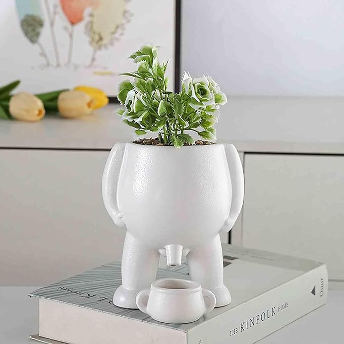 Funny Peeing Plant,5.4 Inches Ceramic Funny Body Plant Pot,Penis Planter,Novelty Peeing Plant Pot with Drainage,Pot Gift for Home Plant Enthusiasts, Friends, Family Or Colleagues Home Decor (White)