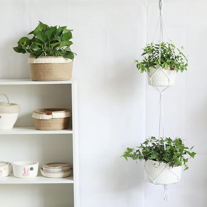 Tiered Macrame Hanging Planter One-Piece Cotton Woven Rope Flower Pots,Indoor Outdoor Home Decor Waterproof Lining Hydroponic Plant Baskets Pots-Glitter White