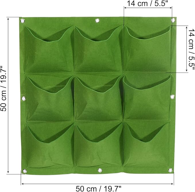 MECCANIXITY Vertical Hanging Grow Bag with 9 Pockets, Wall Mounted Felt Fabric Flowerpot Bag Plant Container for Garden Home Decoration, Green 2 Pack
