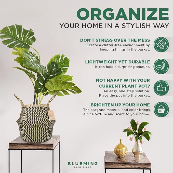 Blueming Wicker Plant Basket – Small 8-9 Inch Medium Seagrass Pot for Faux Olive Tree, Snake Plant or Houseplants, Black Decorative Planter for Home Decor