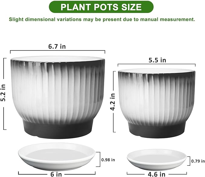 6.7 + 5.5 Inch Ceramic Plant Pots,Set of 2,Planters with Drainage and Saucer,Indoor Pots for Plants,Modern Flower Pots for Home and Office（Black + White）