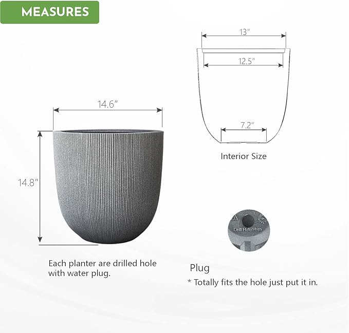 14.8" Tall Round Tapered Planter - Gray Faux Cement Finish, Lightweight Durable Plastic Plant Pot with Drainage Hole & Plug, Weather & UV Resistant Pot for Plants Indoor/Outdoor Use, 12.5" Opening