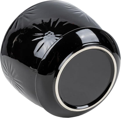 MyGift 7 Inch Glossy Black Ceramic Plant Pot with Drainage Hole and Attached Saucer, Modern Decorative Embossed Sunburst Planter Container for Indoor Home Garden