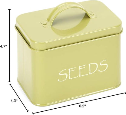 Katai Steel Seed Storage Box Organiser in Green. Compact Seed Packet Container with Lid Complete with Monthly Dividers, 20 Envelopes and Pencil