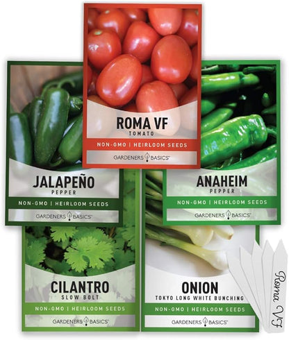 Gardeners Basics, Heirloom Salsa Growing Seed Packets, Roma VF Tomato, Jalapeno, Cilantro, Anaheim and Onion Seeds for Garden Non GMO 5 Free Plant Markers