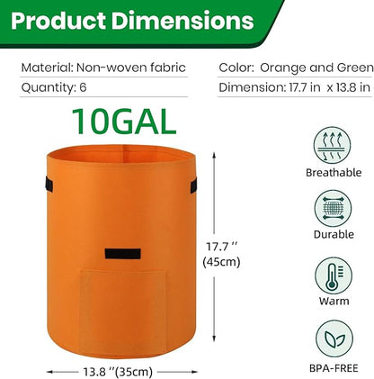 6 Pack Potato Grow Bags, 10 Gallon Planting Bags Large Fabric Pots with Flap Window Vegetable Planter Garden Pot Tall Potato Growing Containers with Handles for Vegetables, Fruits, Green + Orange