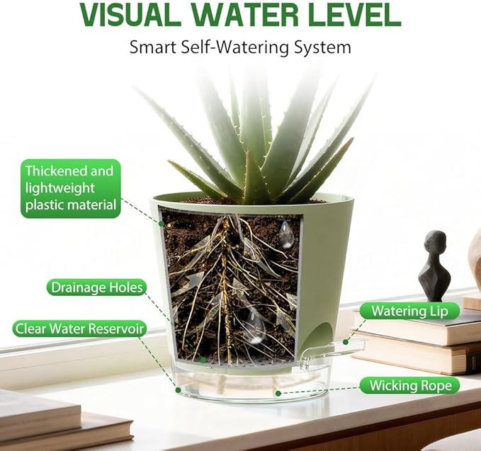 Self Watering Pots for Plants, 2026 New Flower Plant Pots with Drainage Holes, Wicking and Clear Reservoirs for Succulent, Aloe, Cacti and Others - 6 Pack (Green, 6")