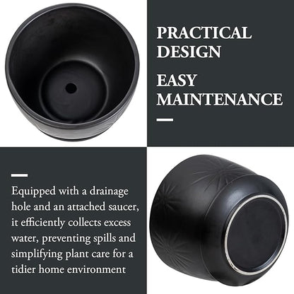 MyGift 7 Inch Round Matte Black Ceramic Plant Pot with Drainage Hole and Attached Saucer, Modern Decorative Embossed Sunburst Planter Container for Indoor Home Garden