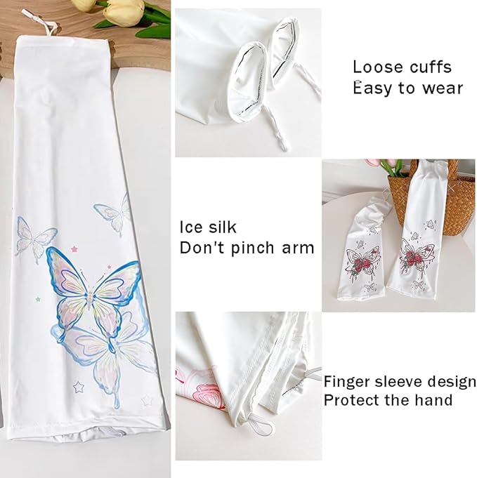 Sun Protection Cooling Sleeves,Anti-slip Gardening Arm Sleeves,Loose Large Opening Butterfly Boho UV Cover for Women