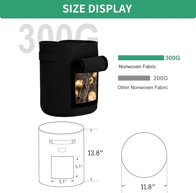 5-Pack 7 Gallon Grow Bags with Harvest Window 300g Thickened Nonwoven Fabric Heavy Duty Plant Pots Easy for Vegetables, Potato, Tomatoes Carrots Gardening Containers with Handles Black
