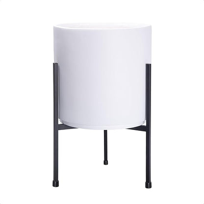 D'vine Dev Modern White Plants Pot Cylinder Planter with Heavy Duty Stand, Small 8 Inch Pot, 15 Inch with Stand Height, 96-T-A-1