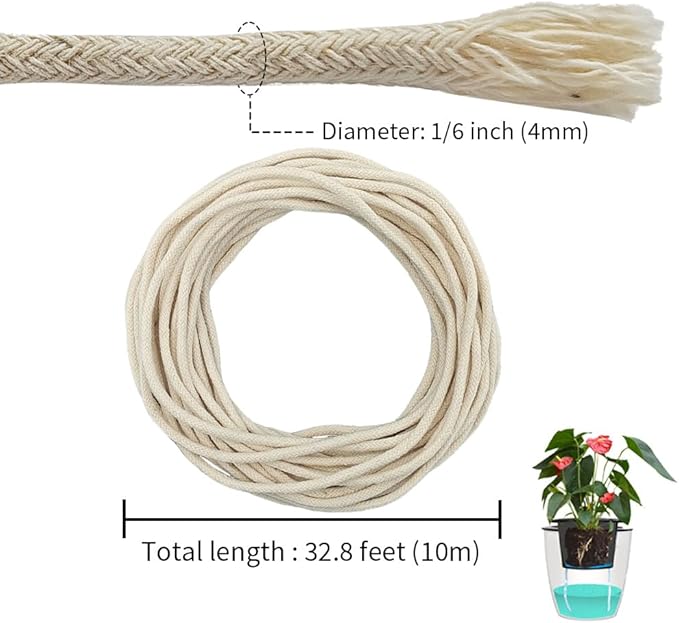 32.8 feet 1/6 Inch Natural White Self Watering Wick Cord Automatic Watering Cotton Rope System Hydroponic Wicking for Vacation Plant Care Capillary Wicks for Self Watering Planters and Pot