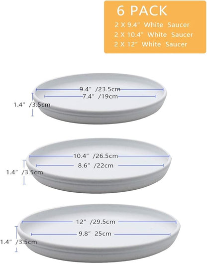 SAROSORA Round Plastic Plant Saucer Drip Tray Set of 6 for Indoor Outdoor Home Garden Flower Plant Container Flower Pot Pallets ((9.4''+10.4"+12'') x2, White-Grey)