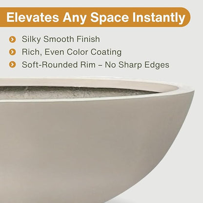 7.7" H x 22" D Round Bowl Fiberstone Planter for Succulent and Lotus with Drainage Hole, Smooth Finishes, Weather Resistant, Included 2 Extra Coco Mats (Taupe, 19.9" Pot Opening)