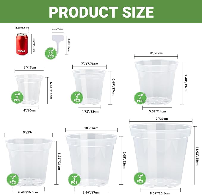 GREANER 6/7/8/9/10/12 Inch Durable Nursery Pots, 15PCS Plastic Pots for Plants, Clear Planters for Indoor Outdoor Plants