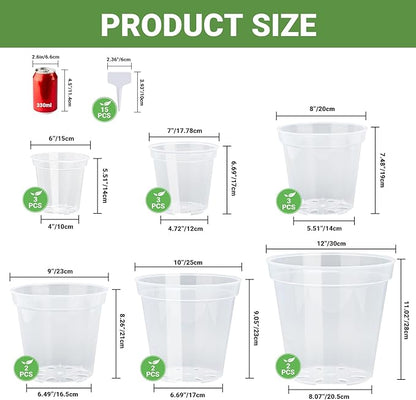 GREANER 6/7/8/9/10/12 Inch Durable Nursery Pots, 15PCS Plastic Pots for Plants, Clear Planters for Indoor Outdoor Plants