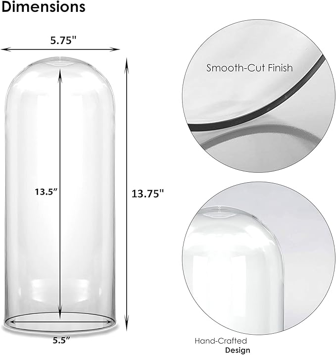 CYS EXCEL Glass Dome Cloche (H:13.75" D:5.75") | Multiple Sizes Decorative Showcase Display for Antique Collectibles | Bell Jar Terrarium & Dessert Cover