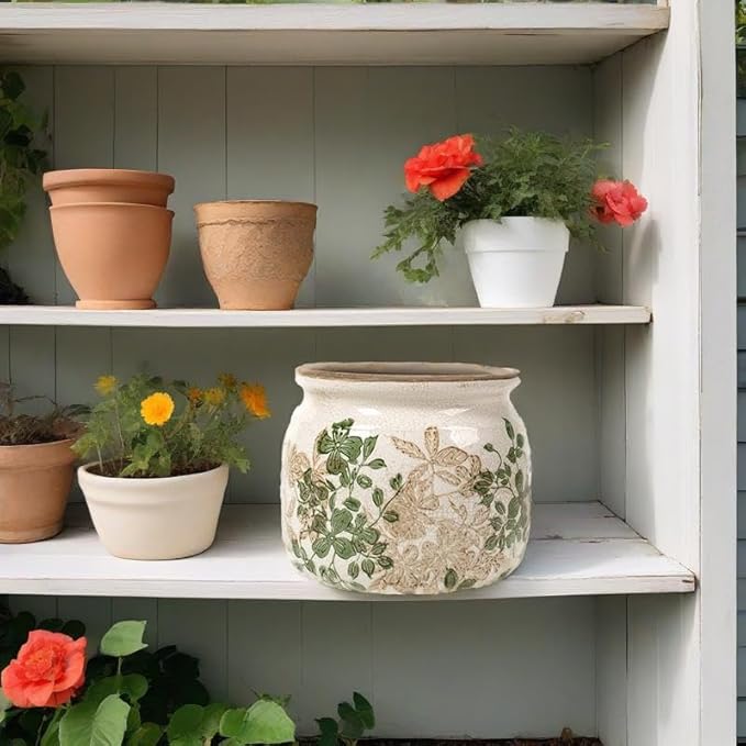 Vintage Floral Ceramic Planter, 2 Pack Flower Pot Rustic Flower Pot Container with Drainge Hole, Ice Crack Plant Pot Decorative Planter for Indoor and Outdoor Tuscan Decor Vase Gardening Gift