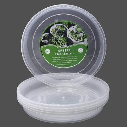 Clear Plant Saucers 14 Inches for Indoors and Outdoors, 6 Packs Heavy Duty Plastic Plant Trays with 12.5 Inches Bottom Diameter, 5 Gallon Grow Bag Saucer.