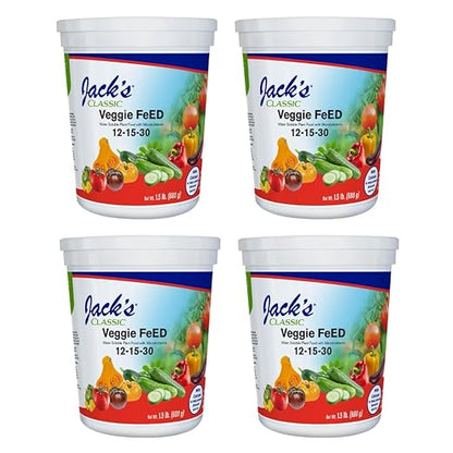 Jack's Classic 12-15-30 Veggie Feed Water-Soluble Fertilizer with Micronutrients, 1.5lbs, 4 Pack - Plant Growth and Abundant Fruit Set in Blooming Vegetable Plants