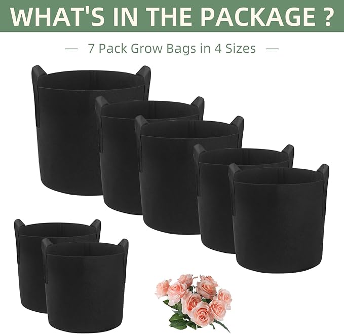 LITLANDSTAR 7 Pack Black Grow Bags, Thickened Nonwoven Plant Fabric Pots with 4 Sizes - 5/7/10/15 Gallon Aeration Planting Bags for Potato Tomato Carrot Strawberry