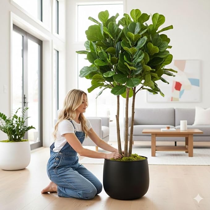 Silk Serenade Round Matt Black Iron Planter, 16 inch Tall Large Indoor Outdoor Plant Pots, Modern Contemporary Lightweight Textured Stone Decorative Garden Pots for House Indoor Outdoor Patio Porch