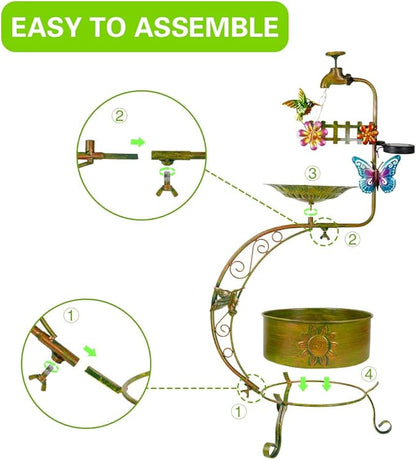 VEWOGARDEN Bird Bath for Outside, Solar Metal Outdoor Standing Birdbath with Flower Planter for Garden, Yard, Patio Decor, Green