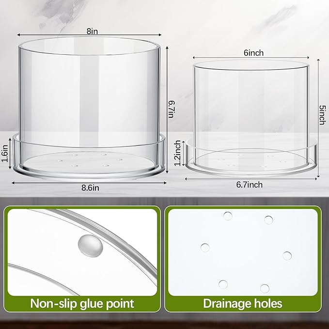 2 Pcs 6 Inch 8 Inch Clear Plant Pots Acrylic Nursery Orchid Pots with Drainage Holes and Tray Transparent Planter for Indoor Plants, Succulents, Herb, Flowers, and Cactus Decorative