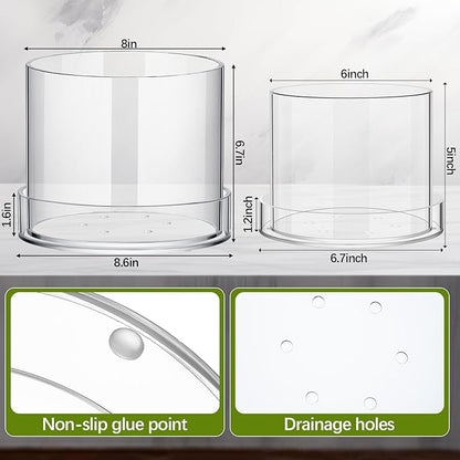 2 Pcs 6 Inch 8 Inch Clear Plant Pots Acrylic Nursery Orchid Pots with Drainage Holes and Tray Transparent Planter for Indoor Plants, Succulents, Herb, Flowers, and Cactus Decorative