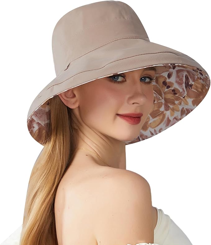 Wide Brim Women Sun Hat Summer Beach Bucket Fishing Hats Metal Wired Edge Packable UV Protection for Hiking Garden Travel