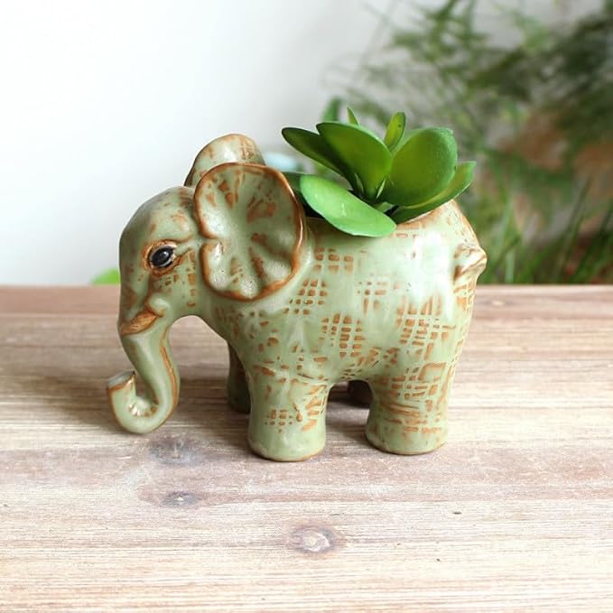 Cute Animal Elephant Shaped Ceramic Succulent Cactus Air Plant Flower Pots Planters-Plant Not Included (Small Green)