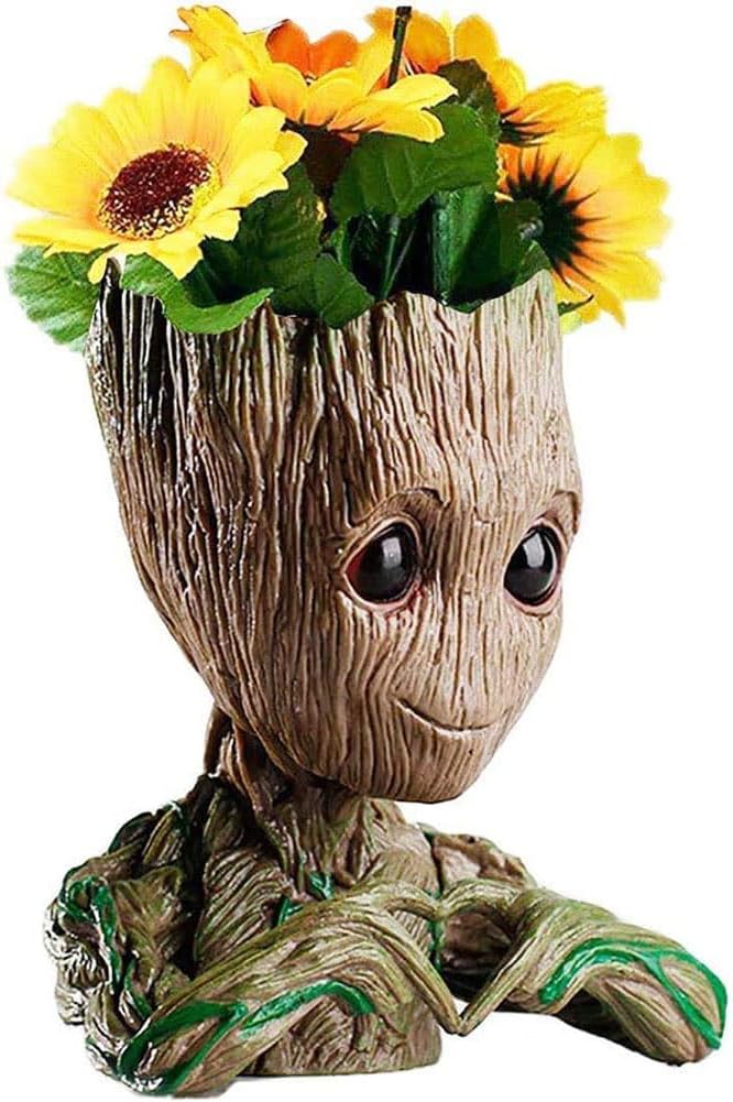 B-Best Baby Groot Pen Pot Tree Man Pens Holder or Flower Pot with Drainage Hole Perfect for a Tiny Succulents Plants 6" (Brown)
