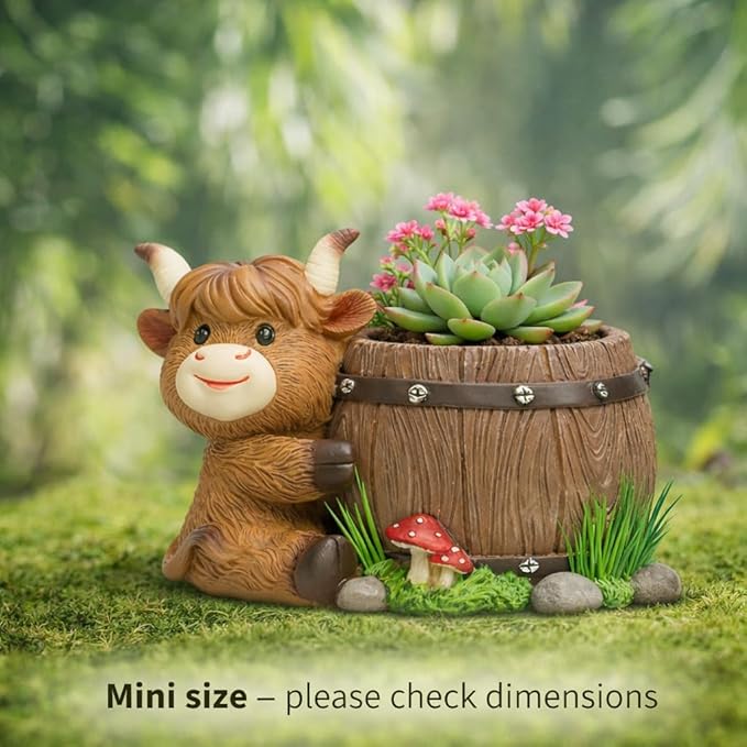 Highland Cow Succulent Planter with Drainage Hole & Plug, Mini Resin Cow Flower Pot for Indoor Outdoor Plants, Cute Animal Planter for Home & Garden Decor (D)