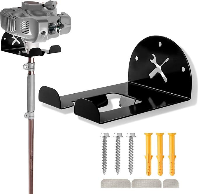 Upgraded Trimmer Rack Wall Mount - 8" Heavy Duty Weed Eater Hanger for Garage Wall Bracket, Garden Power Tool Holder Organizer Hooks for Grass Trimmer, Hedge Trimmer, Leaf Blower and Chainsaw, Black