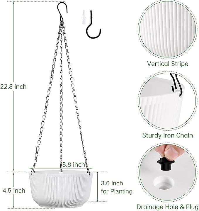 White Hanging Planters for Indoor Outdoor Plants, Set of 2 8.8 Inch Self-Watering Hanging Pots with Drainage Hole & Plug II Screw-in Hooks II