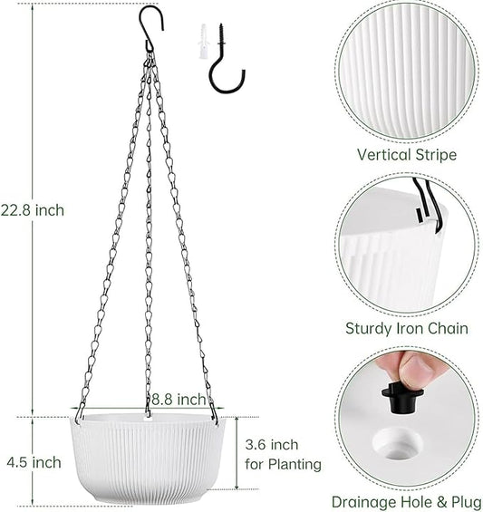 White Hanging Planters for Indoor Outdoor Plants, Set of 2 8.8 Inch Self-Watering Hanging Pots with Drainage Hole & Plug II Screw-in Hooks II