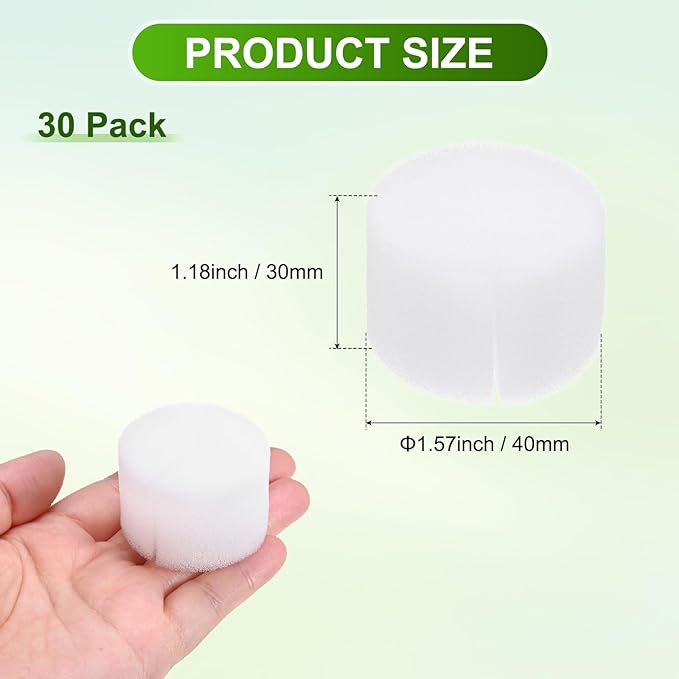 30-Pack Hydroponics Sponges, 1.57 Inch Growing Media Cylindrical Sponges for Planting Gardening Tool/Grow Seedlings/Home Vegetable Flower, Soilless Cultivation Seedling [White]