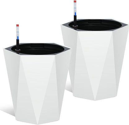 GarveeLife 16 Inch Tall Planters Set of 2, Outdoor Planters Self Watering Plant Pots with Water Level Monitor, Multiple Drainage Holes, Flower Pots for Patio, Porch, Living Room, or Home Office, White