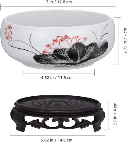 Veemoon Ceramic Lotus Planter Round Chinese Hydroponic Flower Pot Classic Water Lily Pot with Stand - Ink Style Lotus Pattern - Vintage Planter Container for Table Centerpiece Indoor Outdoor (6.68" W)
