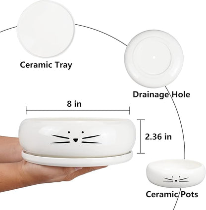 Koolkatkoo 8 Inch Large Cute Cat Ceramic Succulent Planter Pots with Removable Saucer Unique Porcelain Cactus Planters Decorative Flower Pot for Cat Lovers White